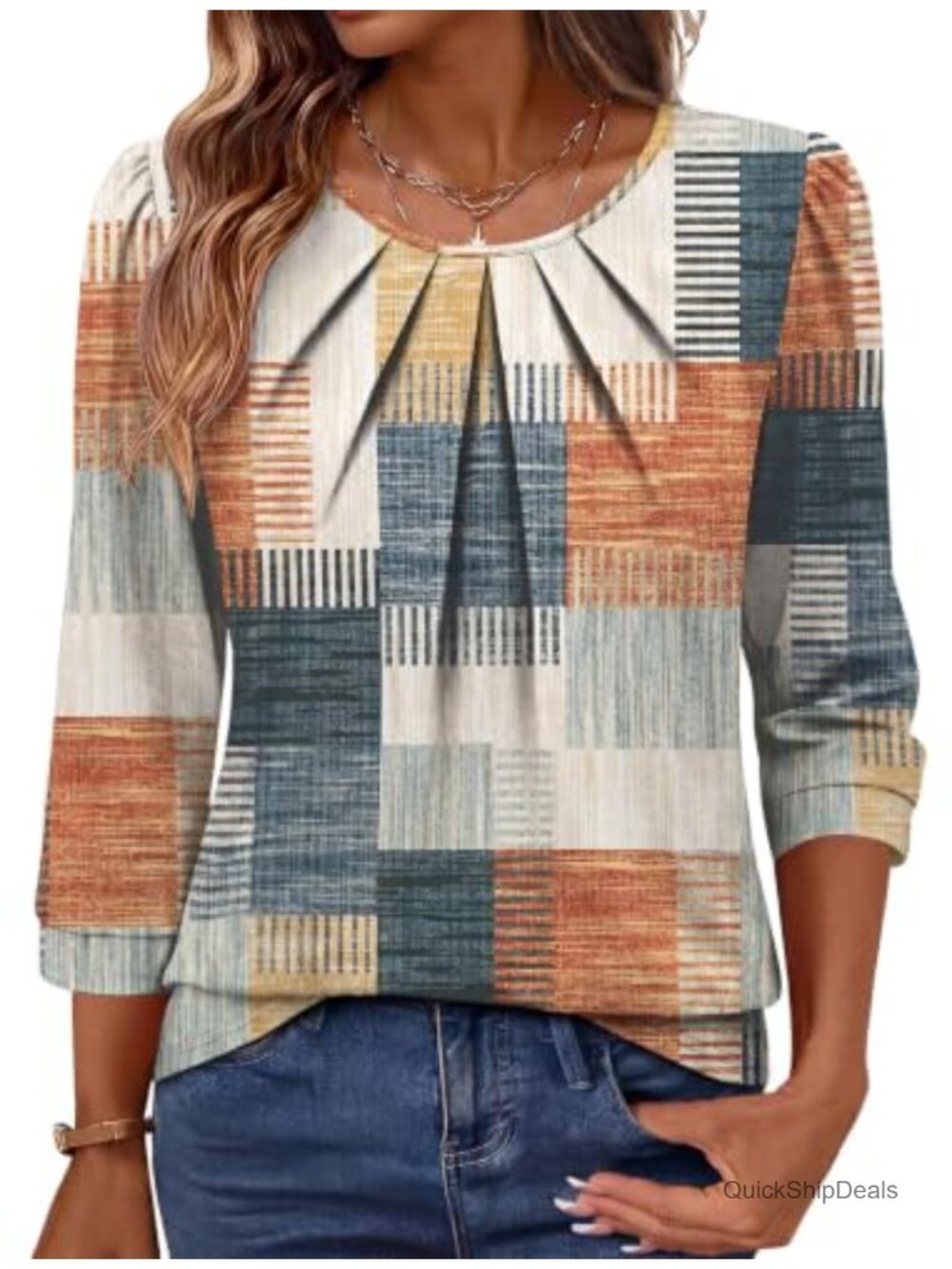 3/4 Sleeve Pleated Front Blouse Business Casual Loose Fit Tunic Top